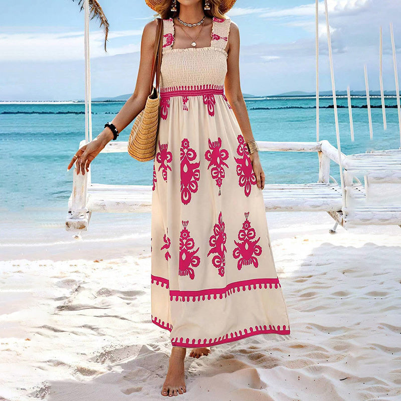 Women's Wide Strap Printed Maxi Dress With Bust Pleats, A-Line Vacation Dress