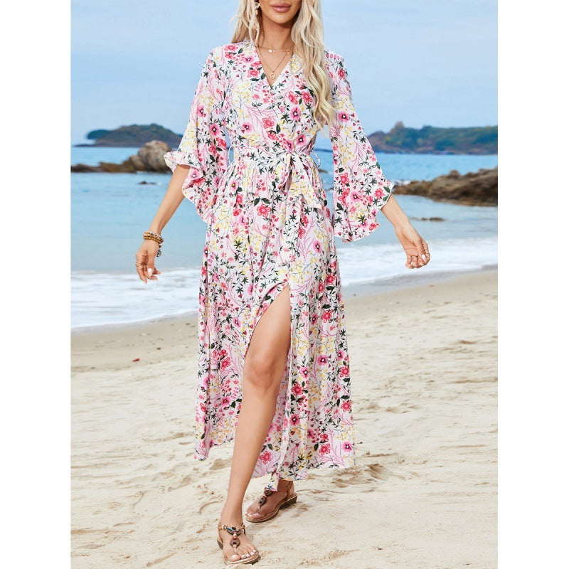 Ruffled Stitching Irregular Half Sleeve V-neck Lace Up Split Dress