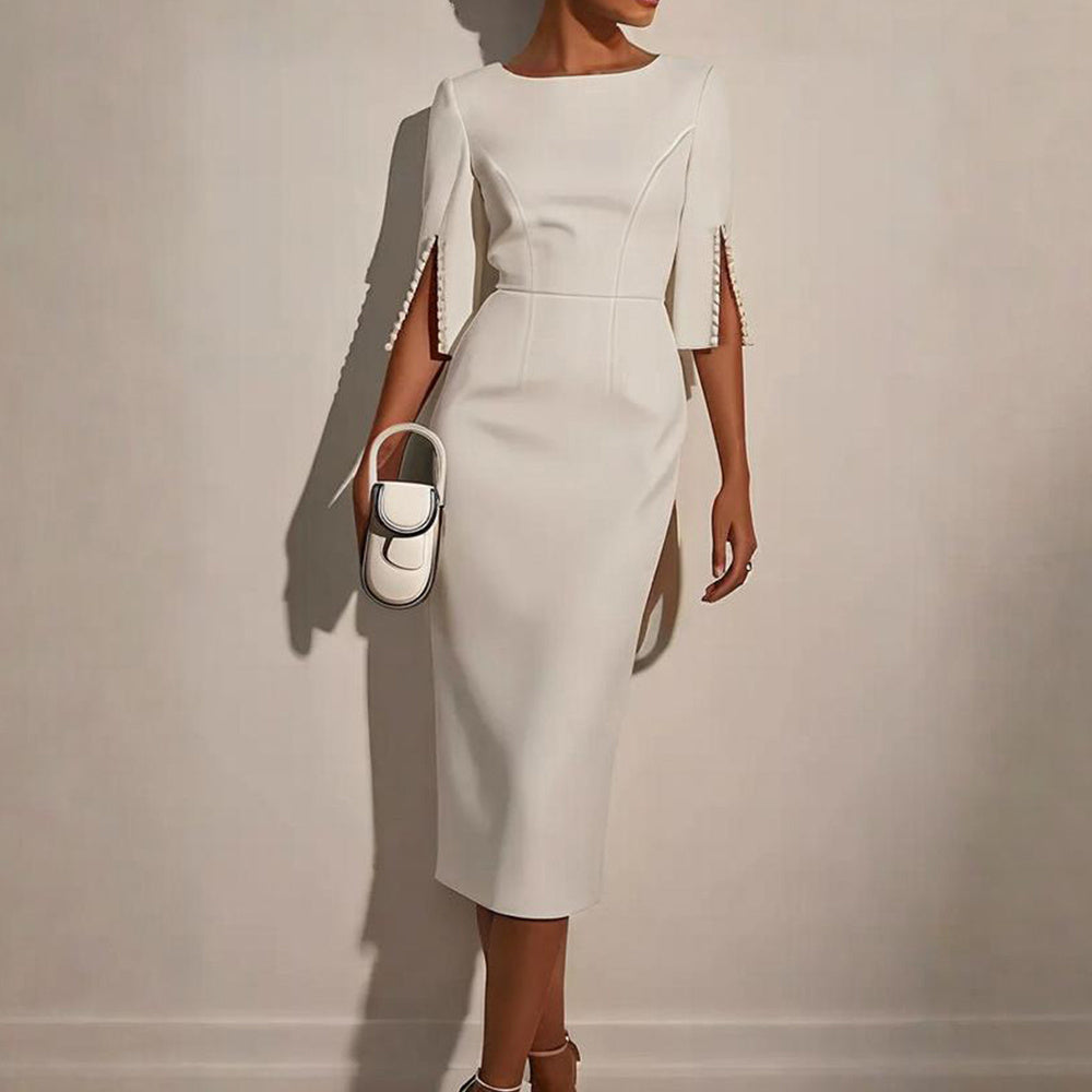 Women's Solid Color Pearl-Embellished Round Neck Dress - Elegant Back Zipper & Slit Sleeve Formal Dress