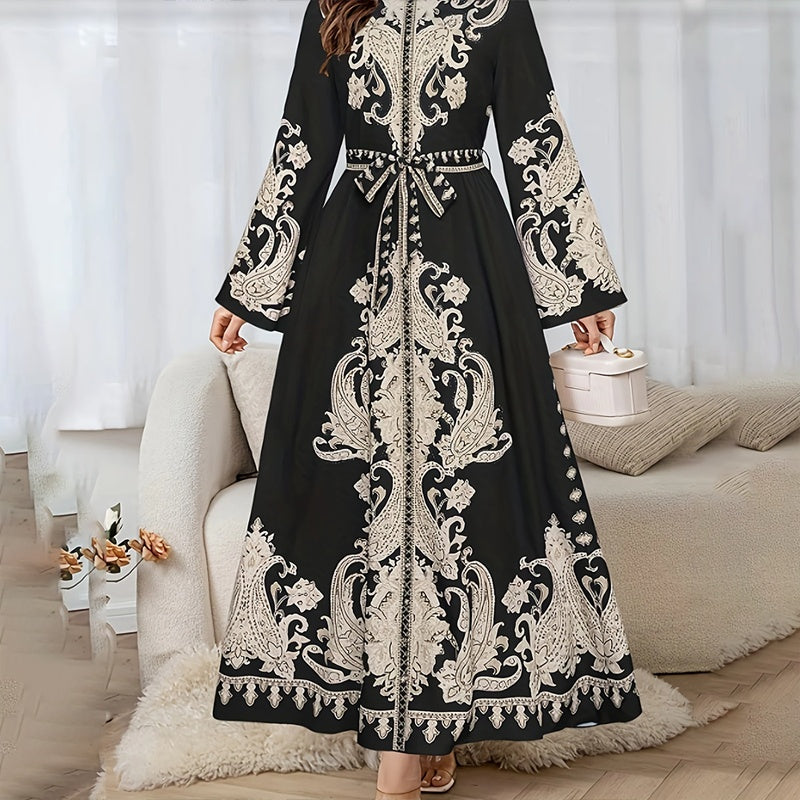 Women's Vintage High-Neck Floral Maxi Dress Loose Long Sleeve, Adjustable Waist Belt, Middle Eastern Inspired Holiday Dress Ankle-Length Gown