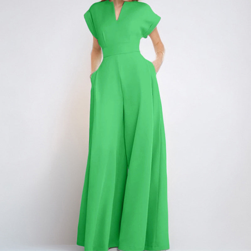 Women's V-Neck Solid Color Short Sleeve Jumpsuit Wide Leg A-Line Waist Tied Casual Summer Outfit