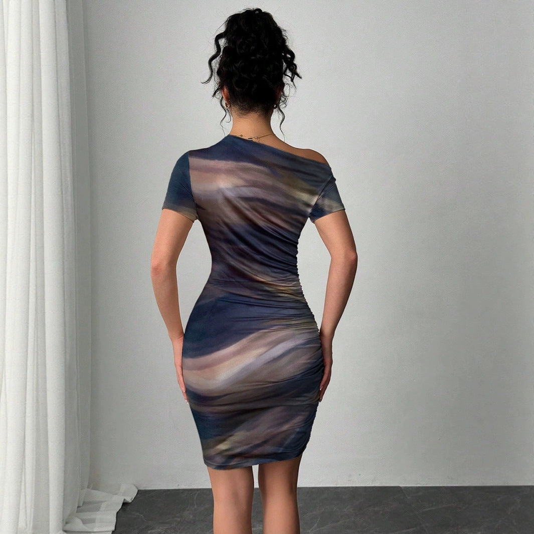 Elegant Tie-dyed Short-sleeved Women's Dress Slim-fit Slimming Sheath