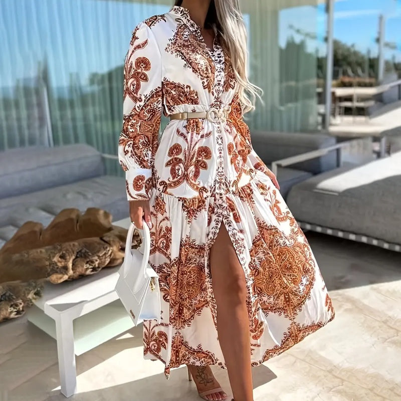 Women's Bohemian Flowy Maxi Dress - Charming V-Neck With Bell Sleeves, Bold Printed Pattern, Side Slit Design