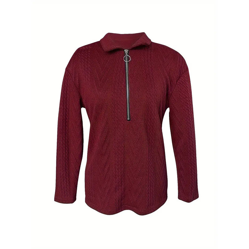 Women's Solid Color Textured Zip-Up Collared Long Sleeve Top - Casual Fall&Spring Blouse With Stretchy Comfort Fit