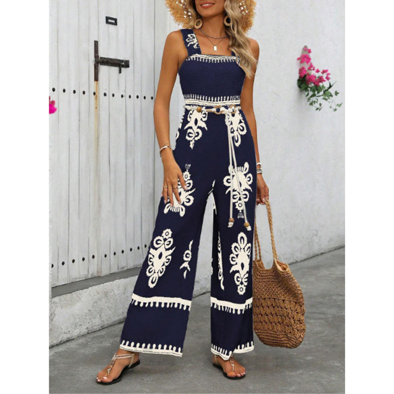 Women's Summer Boho Jumpsuits One Piece Beach Vacation Outfits Shirred Strap Wide Leg Pants Rompers With Pockets