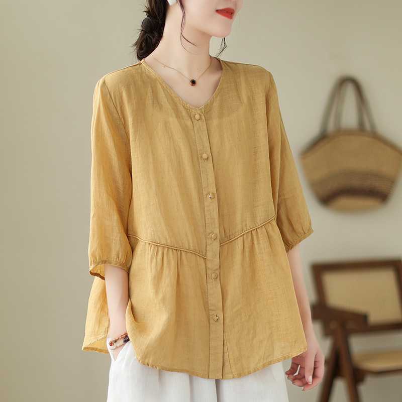 Artistic New Cotton And Linen Retro Crew Neck Top