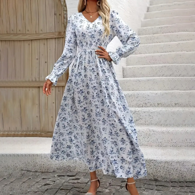 Women's V-Neck Floral Print Long Sleeve Maxi Dress - A-Line Hem With Lace Cuff Details, Elegant Bodycon Dress For Spring&Summer