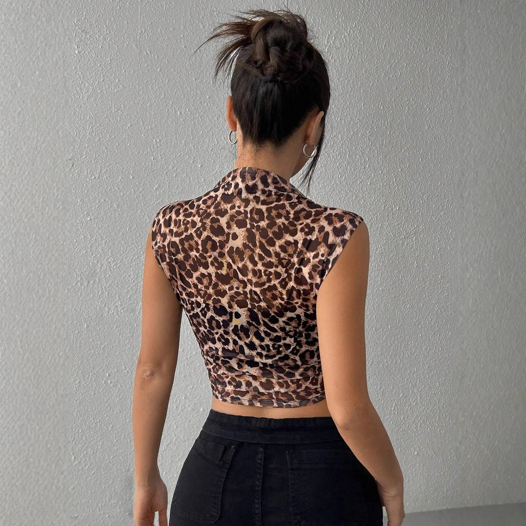 Slim Sleeveless Leopard Print Women's T-shirt