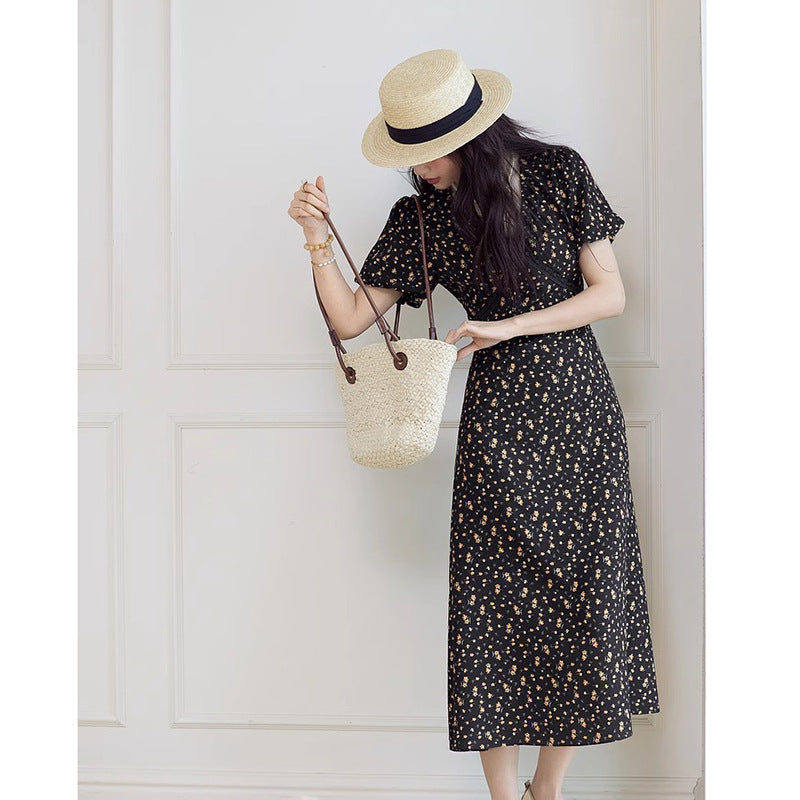 French Elegant Waist Slimming V-neckline Chiffon Dress Women