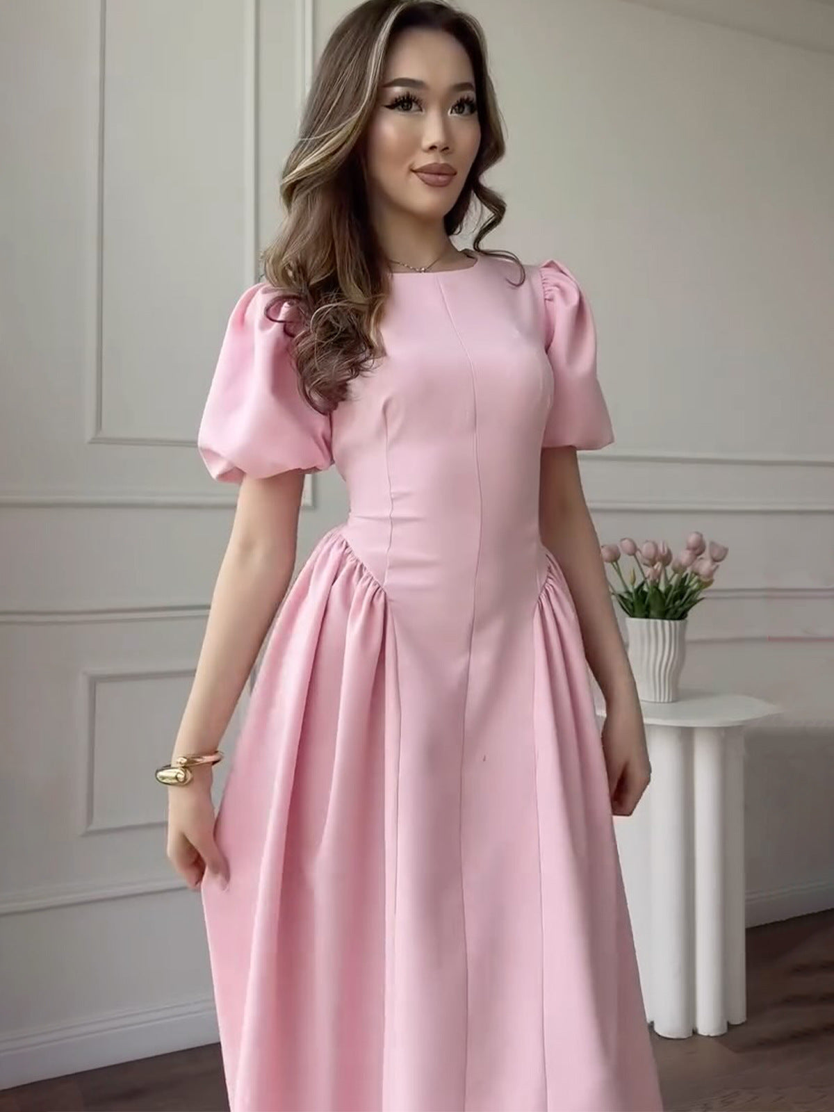 Retro Short Sleeve Puff Sleeve Dress