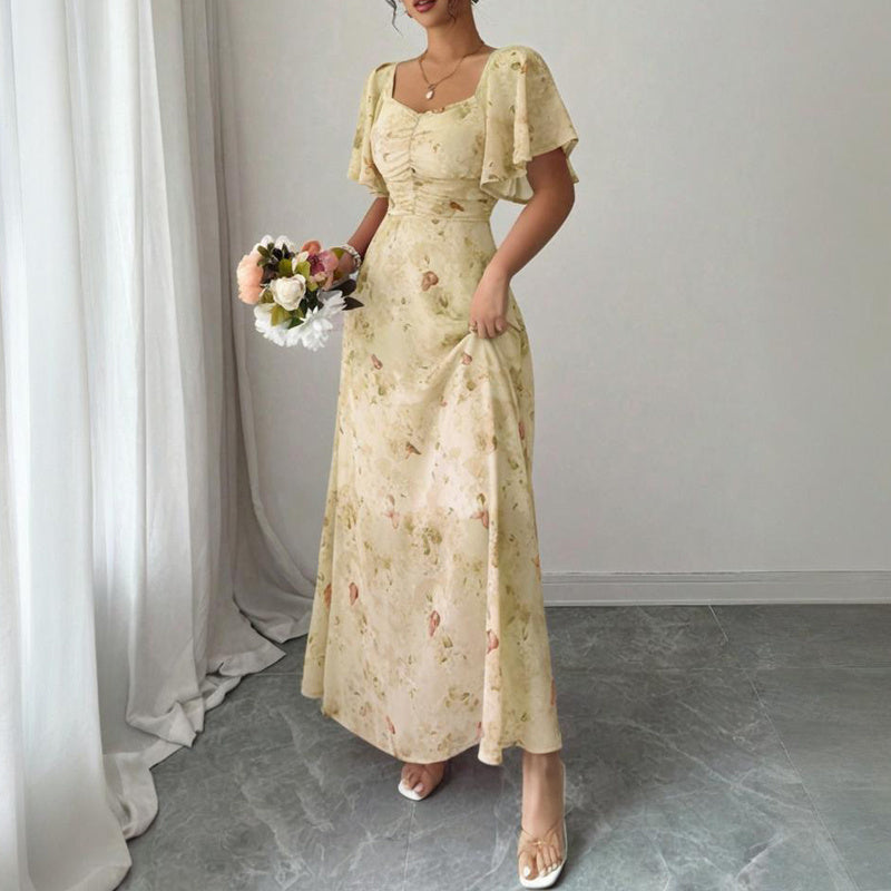 Women's Solid Color Square Neck Short Sleeve Butterfly Print Flowy Dress A-Line Summer Vacation Maxi Dress