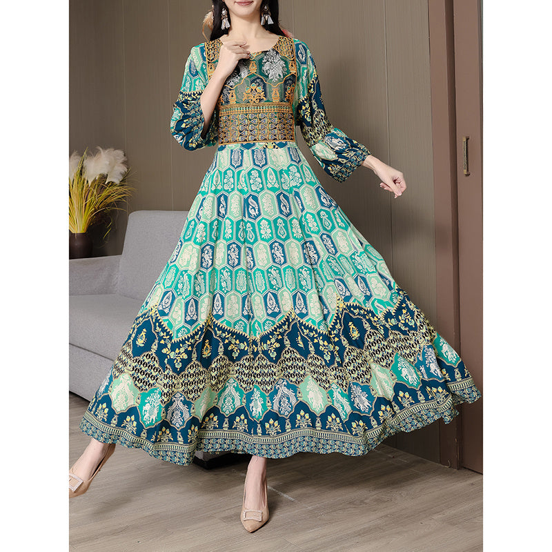 Women's Bohemian Print Maxi Dress, Ethnic Style Round Neck 3 4 Sleeve Embroidered Flowy Party Dress
