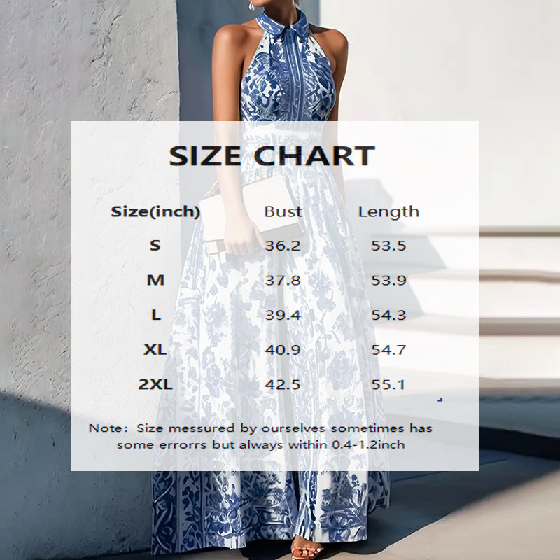 Women's Floral Print Halter Neck Maxi Dress - Tie-Waist A-Line Summer Dress