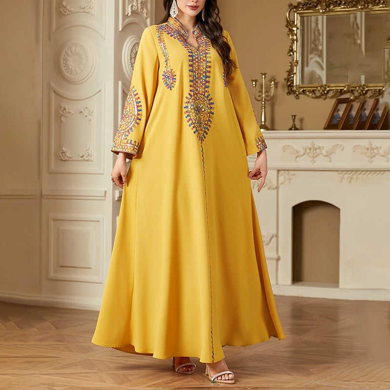 Elegant Women's Long Sleeve Floor-Length Dress - Stand Collar With Geometric Print & Sequins Detail Dress For Casual&Party Wear