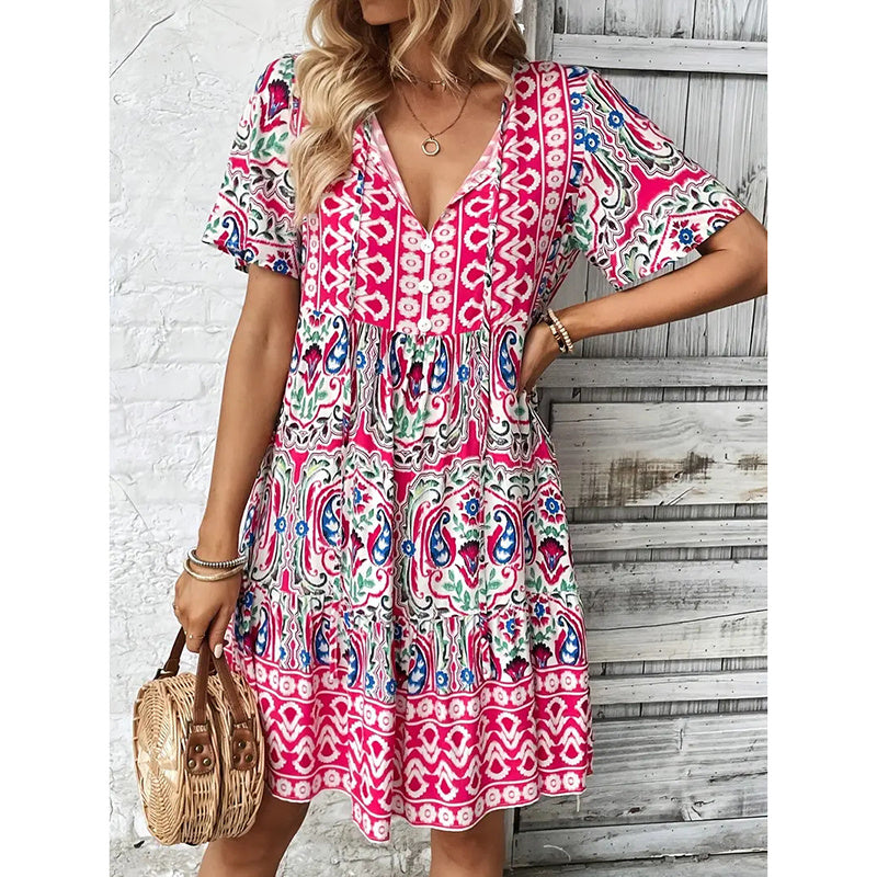 Women Casual Summer Dress Boho Drawstring V Neck Short Sleeve Floral Print Flowy Beach Dress