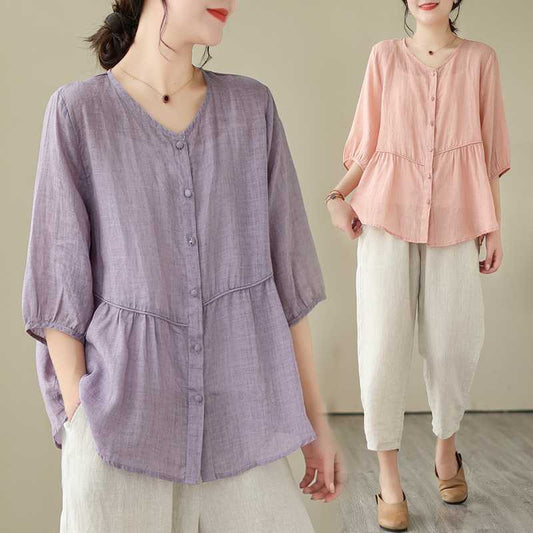 Artistic New Cotton And Linen Retro Crew Neck Top