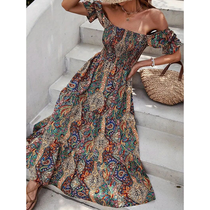 Women's Off The Shoulder Dresses Boho Flowy Smocked Maxi Sundress Beach Vacation Summer Dress