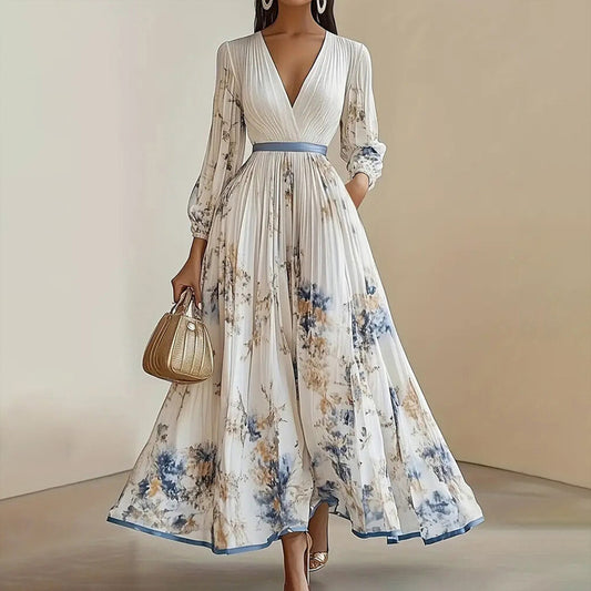 Women's Floral Print V-Neck Long Sleeve Maxi Dress A-Line Flowy Ruffled For Spring&Summer Vacation & Evening Party