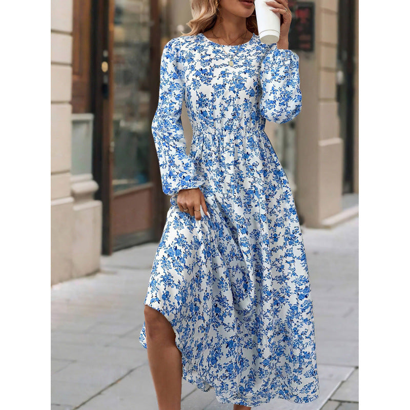 Women's New Printed Round Neck Long Sleeve Ruffled Dress