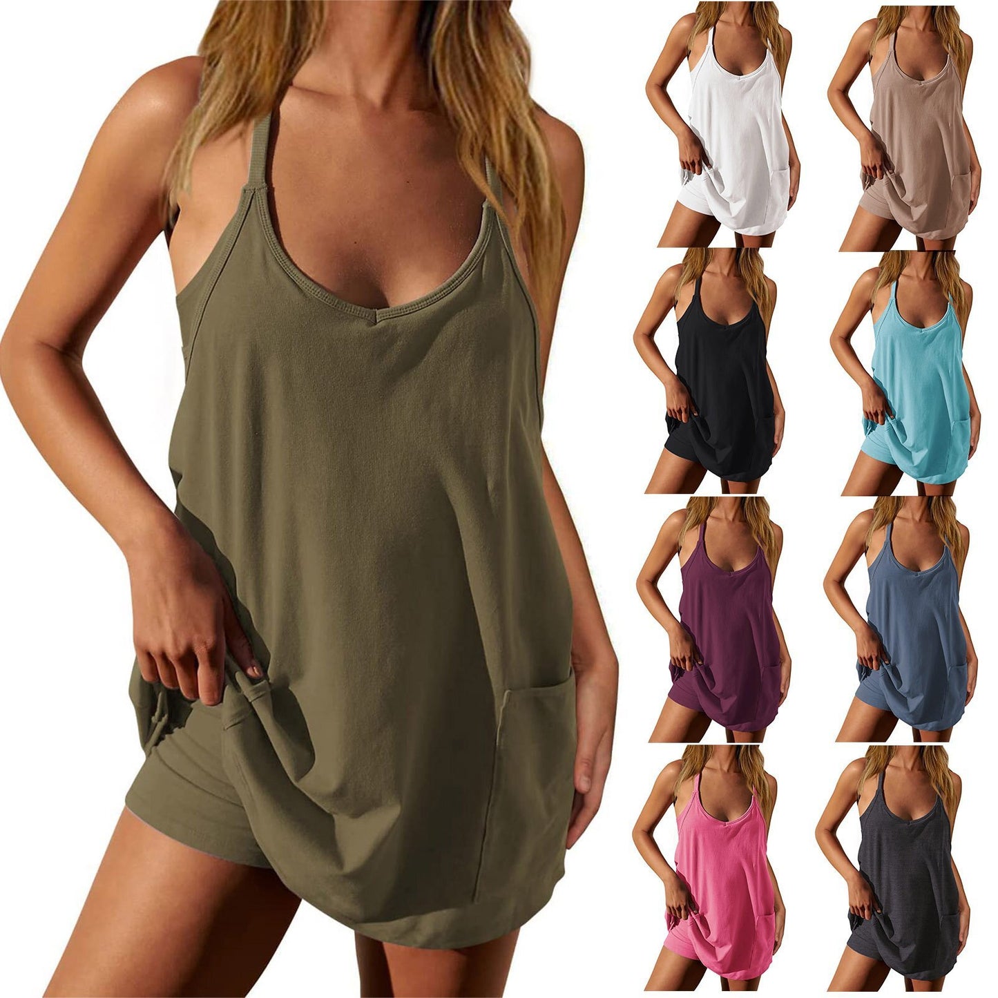 Summer Women's Solid Color Camisole Top Jumpsuit Shorts Jumpsuit Casual Set With Pockets