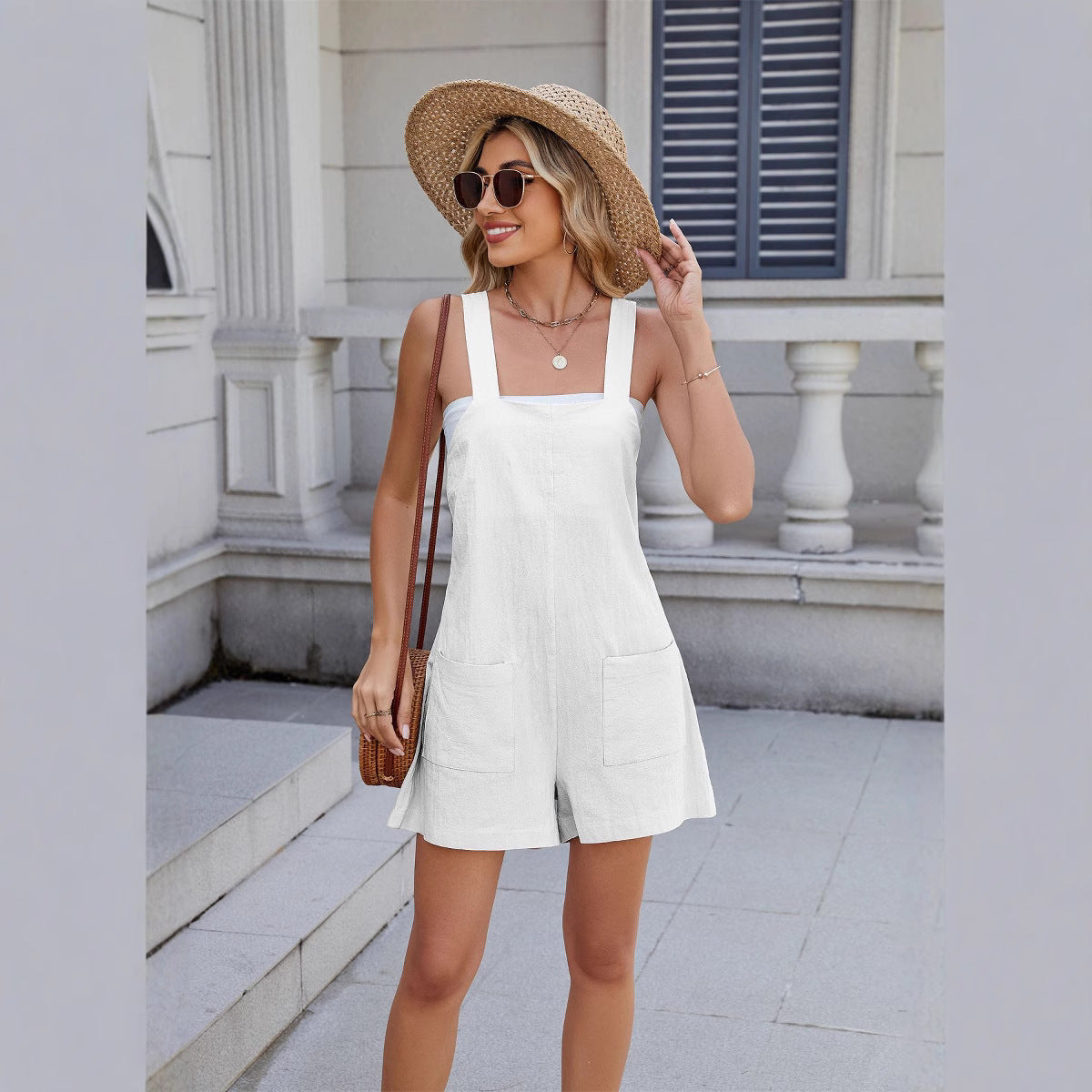 Summer Square Neck Shorts Jumpsuit With Pockets INS Fashion Solid Color Beach Bodysuit Women's Clothing