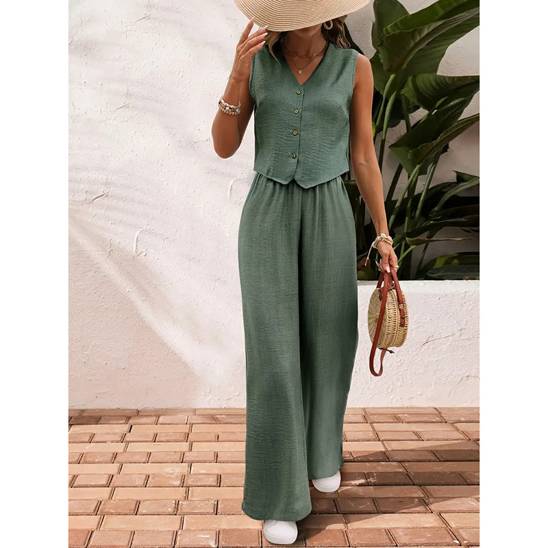 Womens Two Piece Outfits Summer Fashion Button V Neck Crop Vest Blazer And Wide Leg Pants Suit Matching Sets