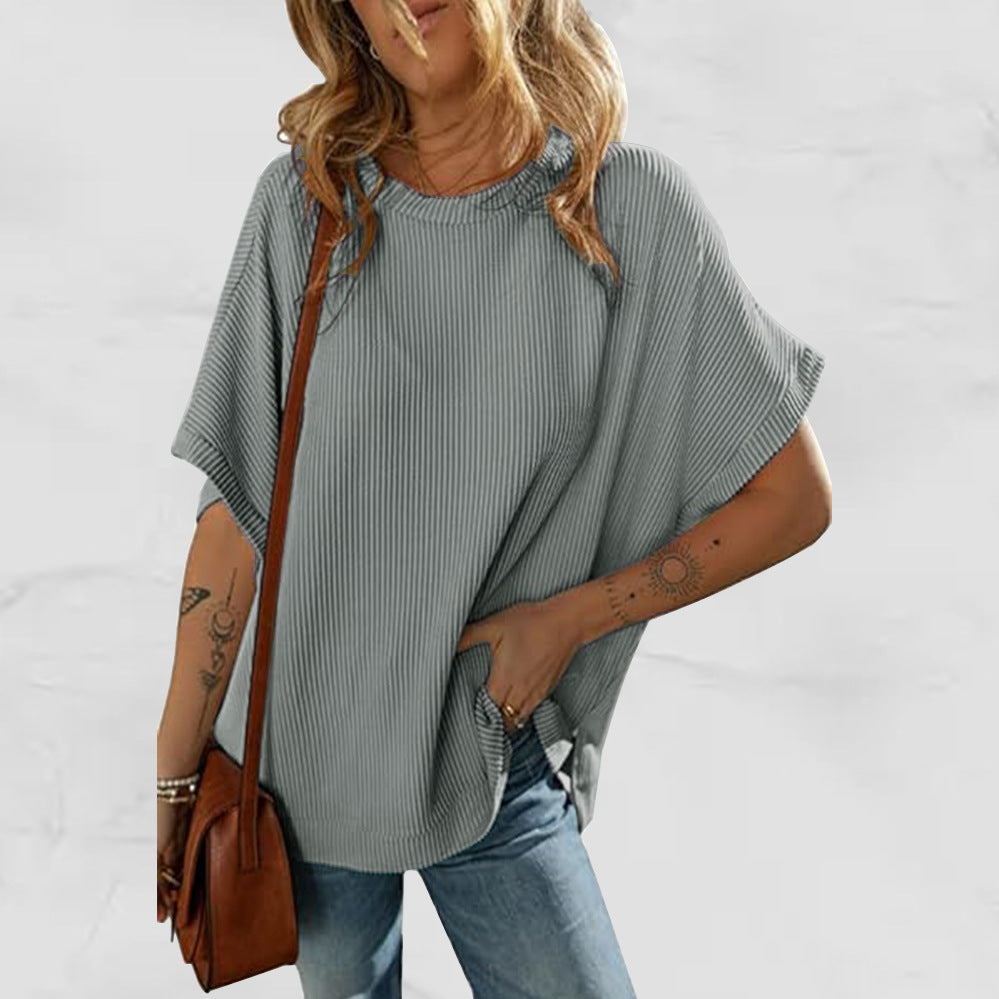 Women's Solid Color Knitted T-shirt Loose Casual Pullover
