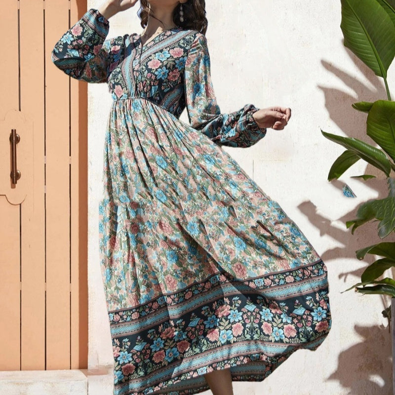 Rayon Long Sleeve Bohemian Dress Vacation Beach Large Swing Dress