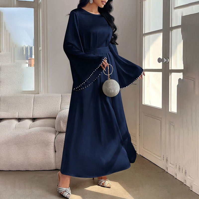 Elegant Round Neck Solid Color Flared Maxi Dress Long Sleeve With Pearl Cuff Detail, Modest A-Line Middle Eastern Abaya Party & Vacation Dress For Women