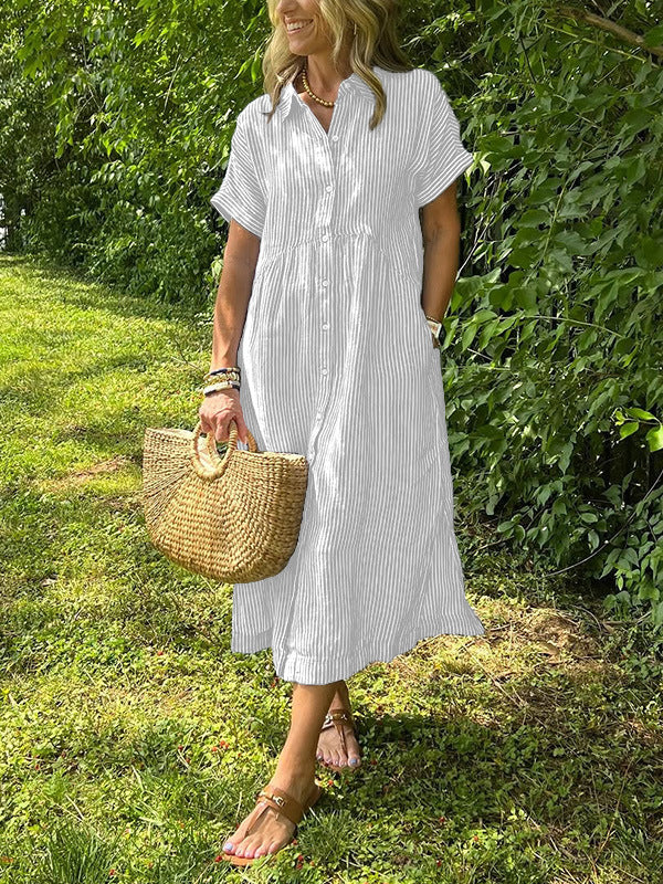 Loose Striped Short Sleeve Casual Cotton And Linen Dress