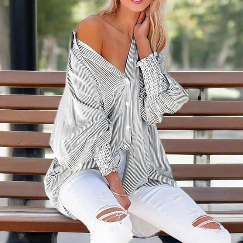 Women's Casual Striped Long Sleeve Shirt With Button-Down Collar & Knit Cuff Detail - Classic Spring&Fall Blouse