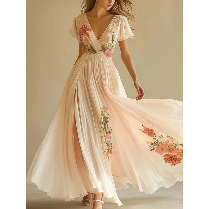 Women's Floral Print V Neck Pleated Chiffon Dress Flutter Short Sleeve Maxi Flowy Beach Wedding Guest Dresses