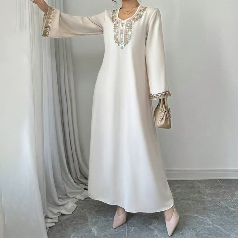 Women's Middle Eastern Embroidered Maxi Dress - Round Neck Long Sleeve Flowy Kaftan With Exquisite Embroidery, Loose Fit