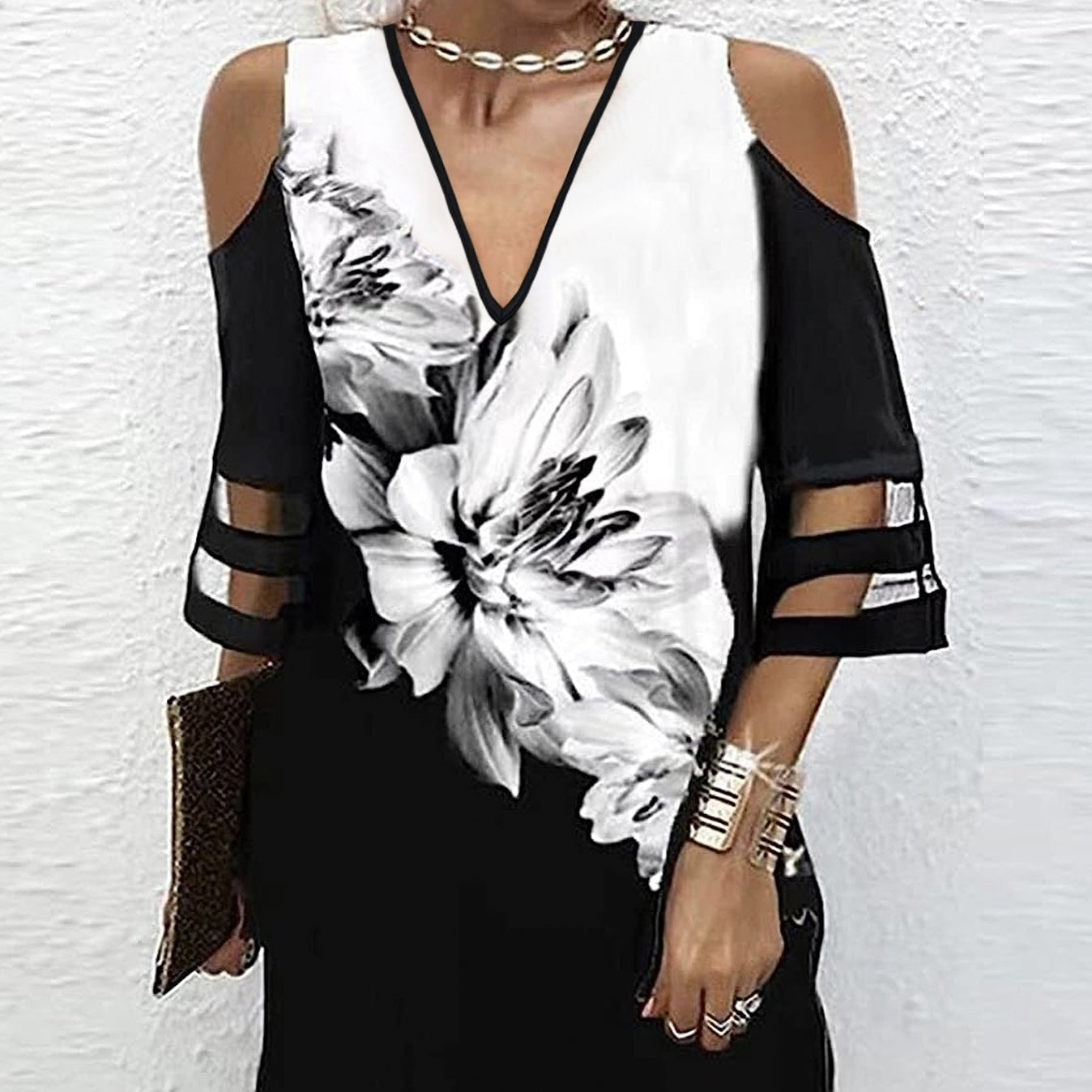 Ladies' Abstract Printed Color Blocked Off Shoulder Contrasting Mesh Casual Dress