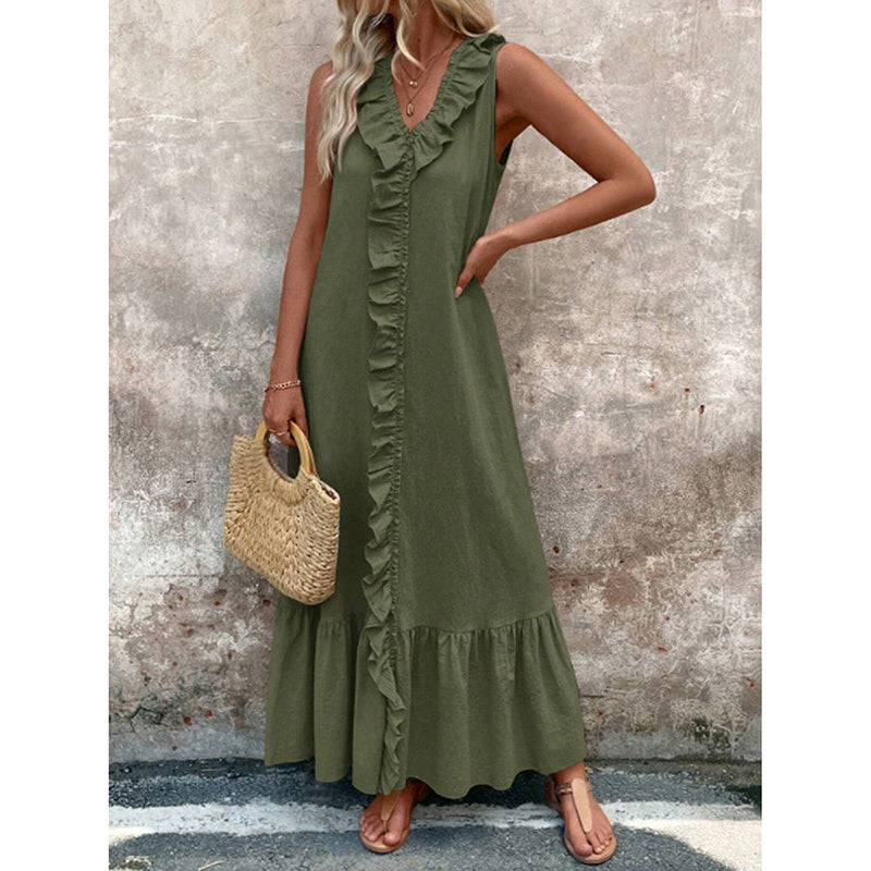 Women's Elegant Casual Summer Dress - V-Neck Sleeveless Ruffled Vacation Long Dress With Pleated Hem