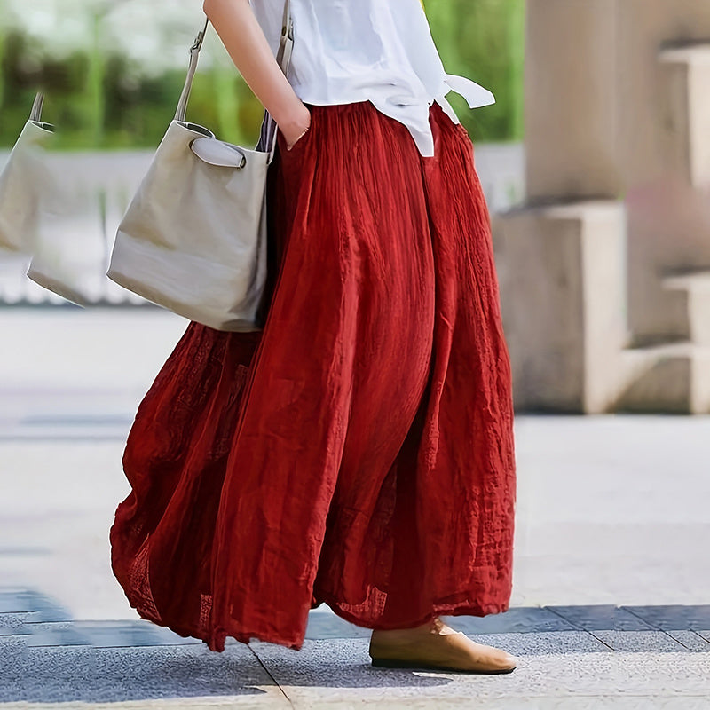 Women Bohemian Beach A-Line Dress Elastic Waist Flowy Long Maxi Skirt With Pockets