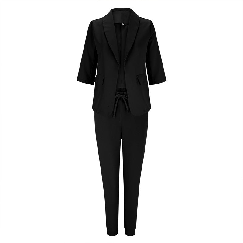 Women's Solid Color Long Sleeve Suit Set - Stylish Notch Lapel Blazer With Pockets & Drawstring Waist Pants, Spring&Fall Business Casual Outfit