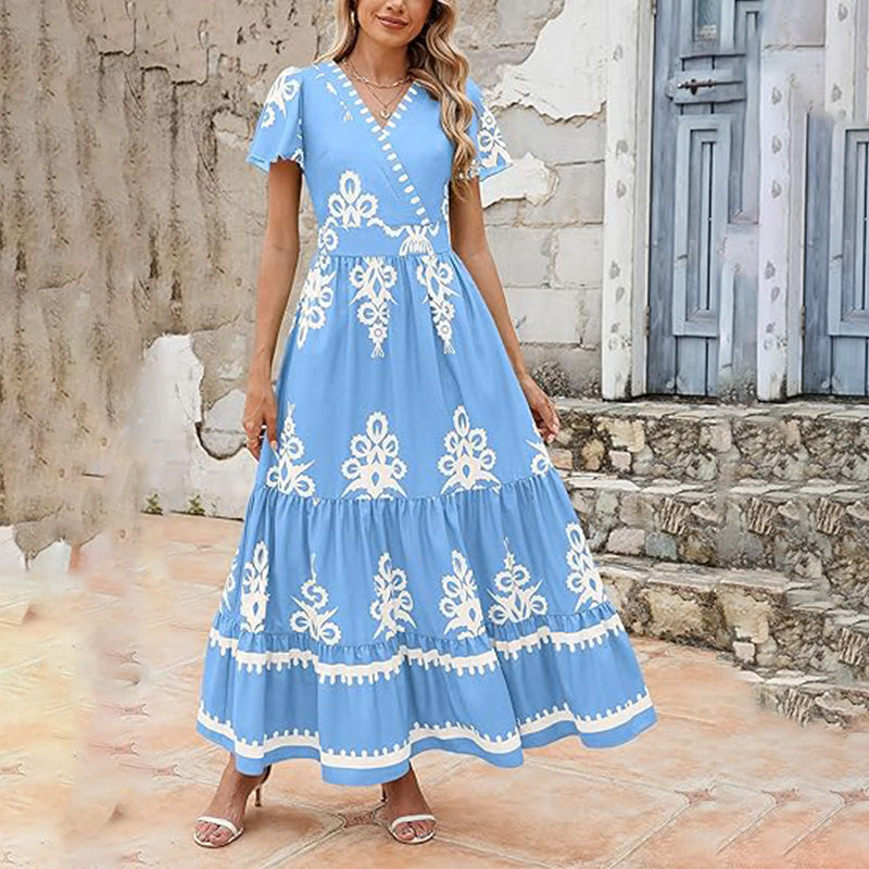 Womens Summer Casual V Neck Boho Maxi Dress Flowy Aline Bell Sleeve Tiered Floral Dresses With Pocket