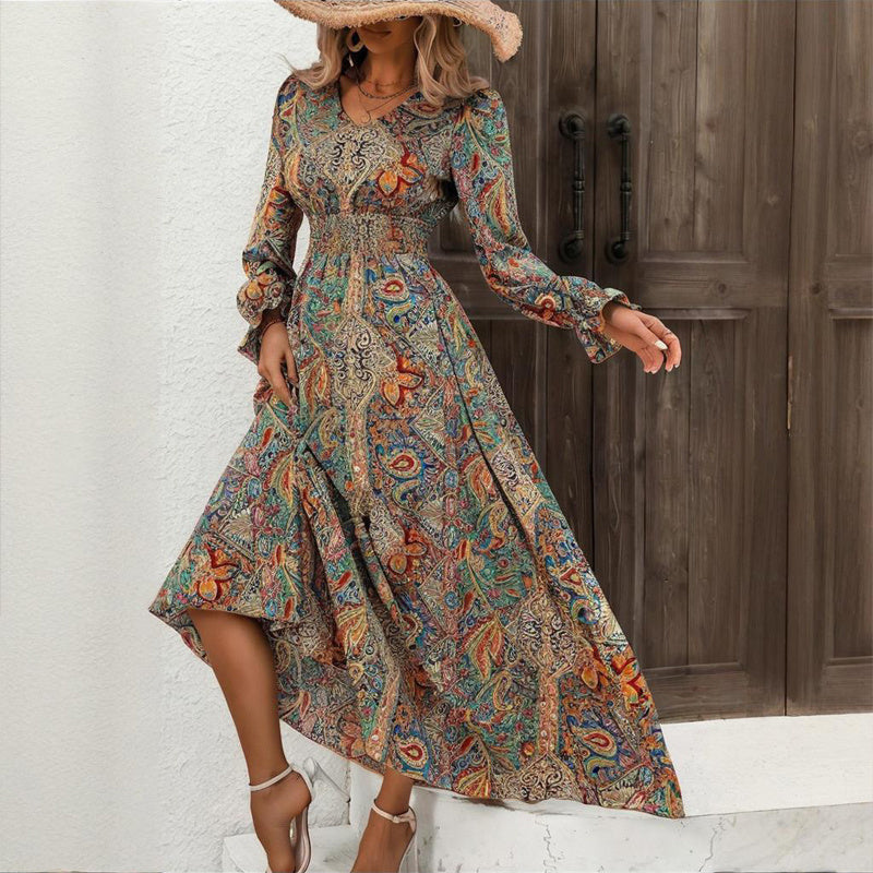 Women's V-Neck Retro Geometric Print Flounce Sleeve Dress - A-Line Maxi Dress With Smocked Waist For Spring&Summer