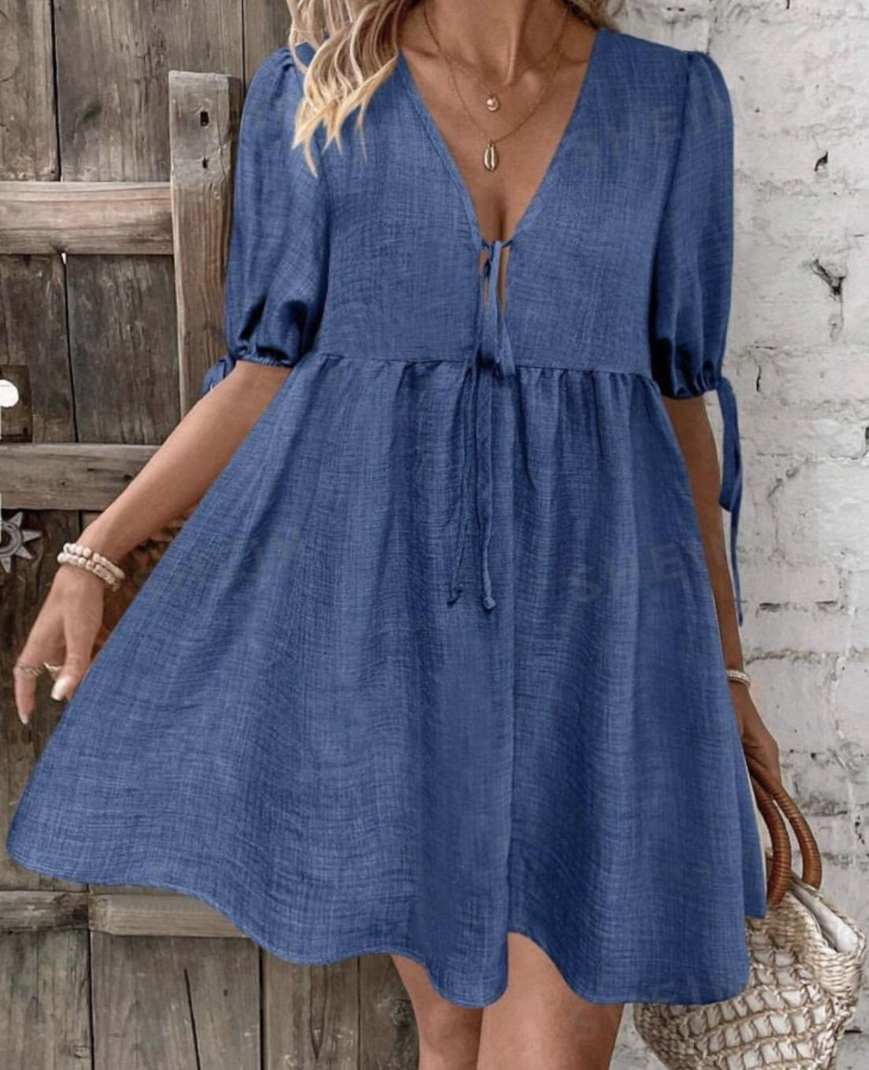 Deep V-neck Design Chest Lace-up A- Line Dress