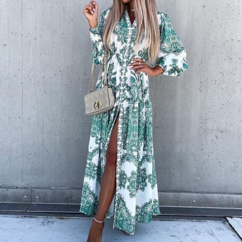 Women's Bohemian Flowy Maxi Dress - Charming V-Neck With Bell Sleeves, Bold Printed Pattern, Side Slit Design