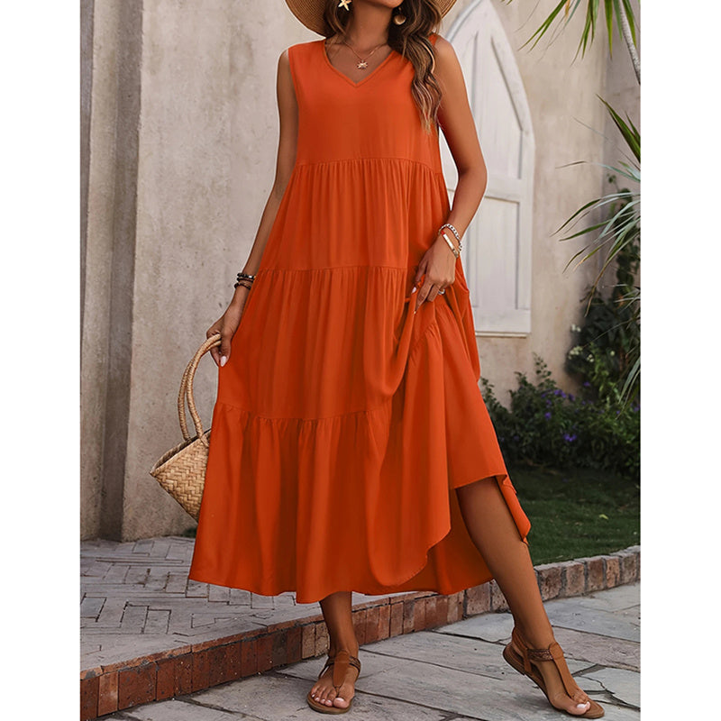 Women's Summer Casual Sleeveless V Neck Swing Dress Flowy Tiered Maxi Beach Dress