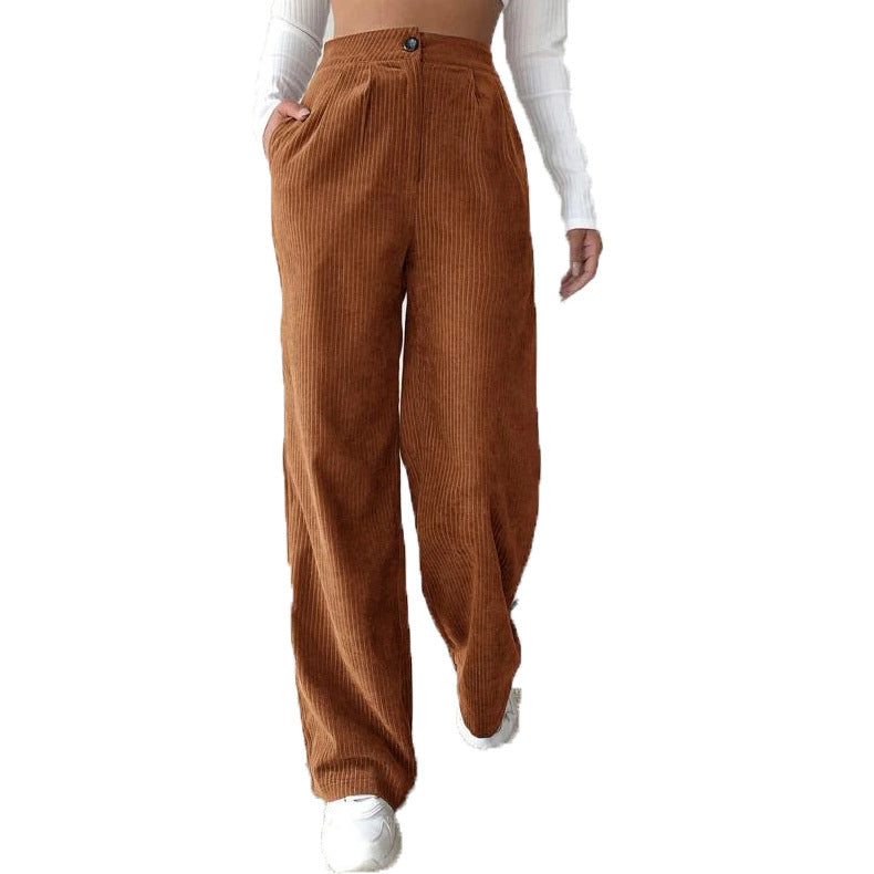 Women's High Waist Casual Pants Solid Color Corduroy Baggy Straight Trousers