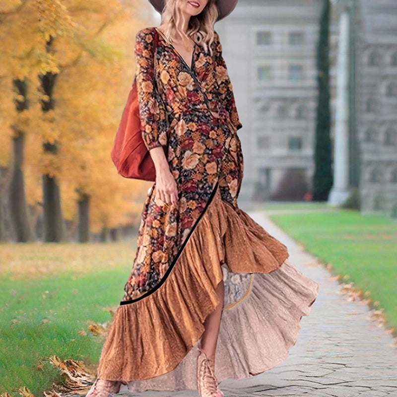 Women's Elegant V-Neck Floral Dress - Cross Front Detail & Tiered Ruffle Hem Flowing Bohemian-style Dress