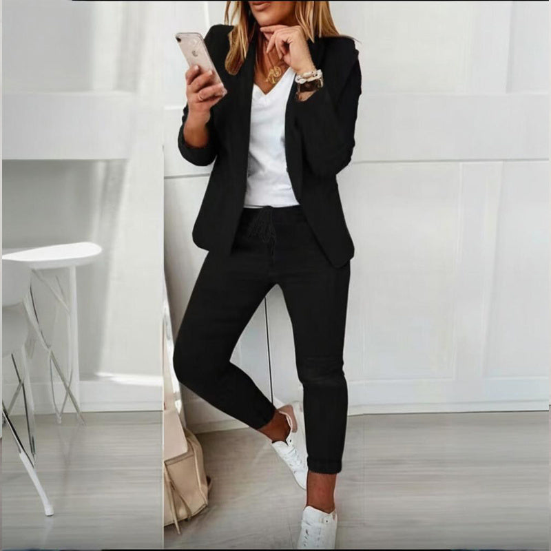 Women's Solid Color Long Sleeve Suit Set - Stylish Notch Lapel Blazer With Pockets & Drawstring Waist Pants, Spring&Fall Business Casual Outfit