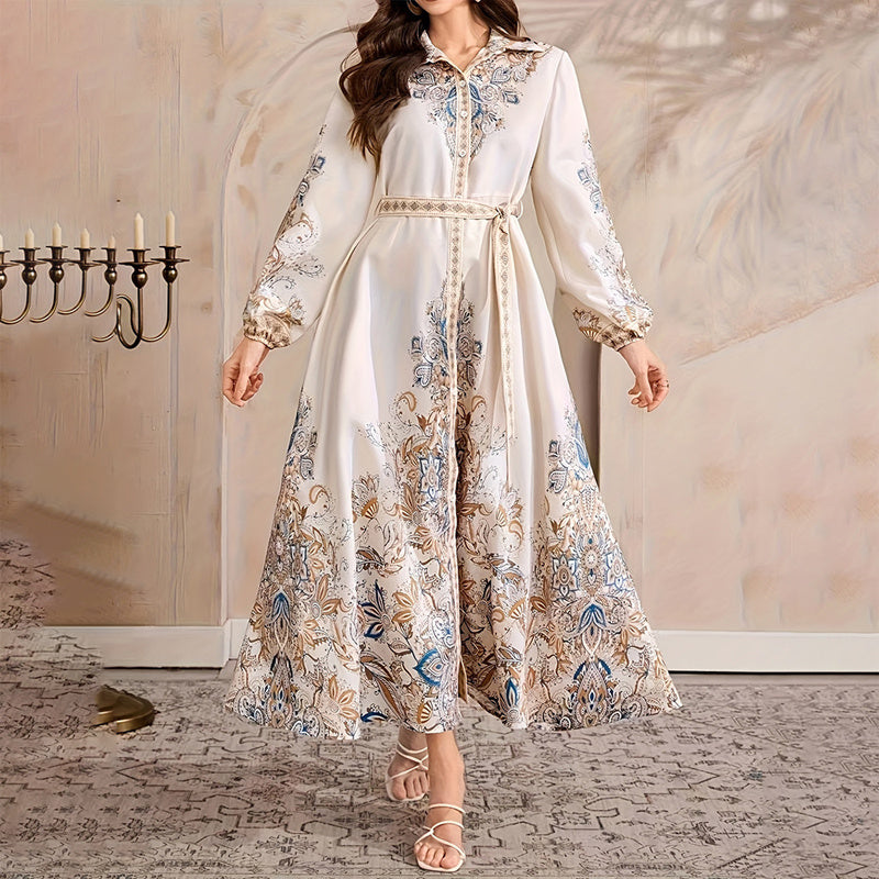 Women's Elegant Casual Knee-Length Dress - Drawstring Long Sleeves, Middle Eastern Lapel Print Adjust Tie Waist Belt Vacation & Party Dress