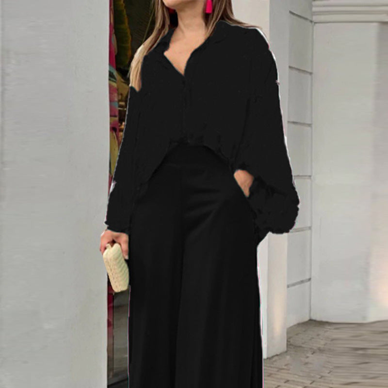 Women's Printed Shirt Wide Leg Pants Fashion Casual Set