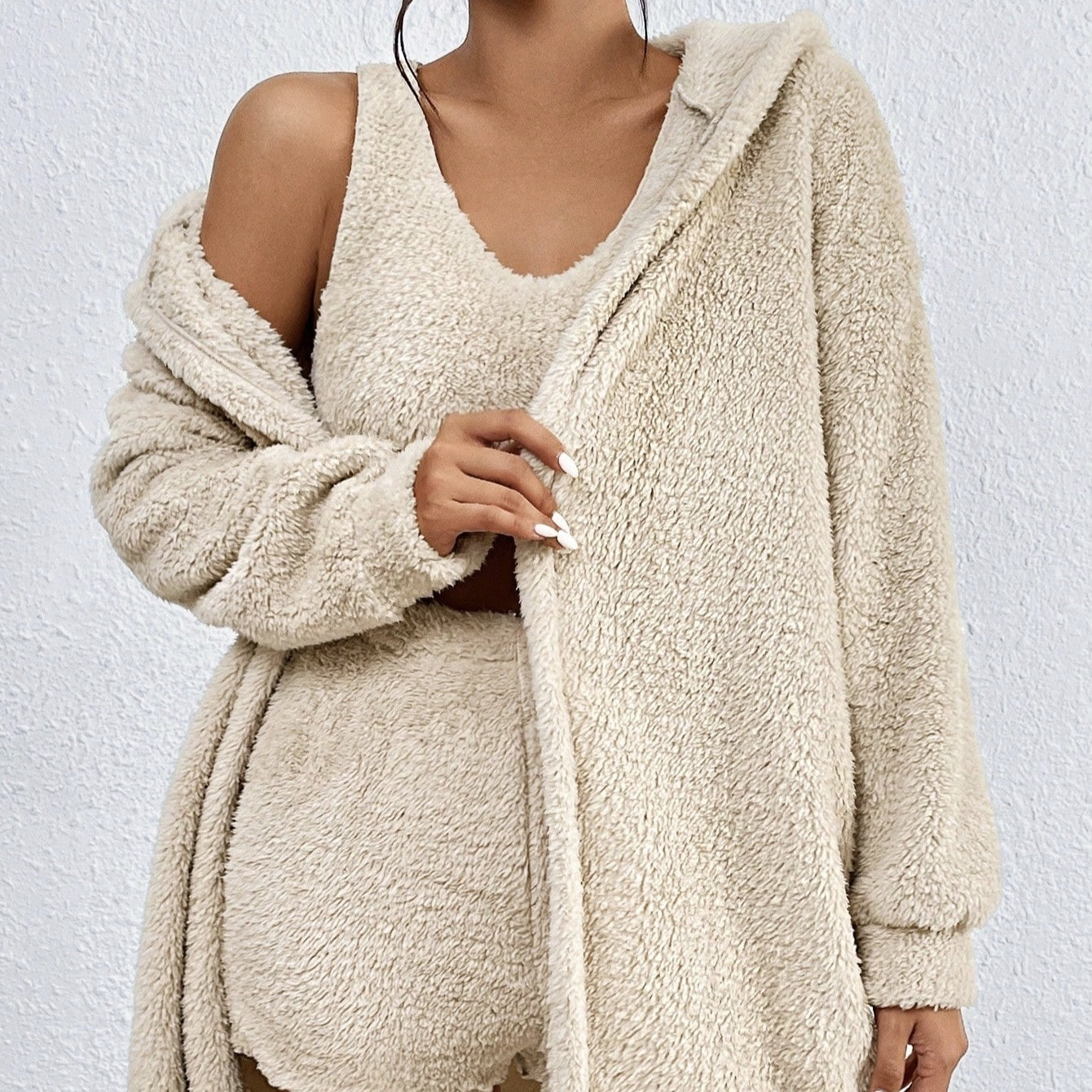 Women's Solid Color Strap Shorts Plush Warm Top 3-Piece Set