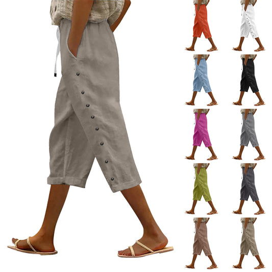 Casual Patchwork Button Cropped Pants For Women