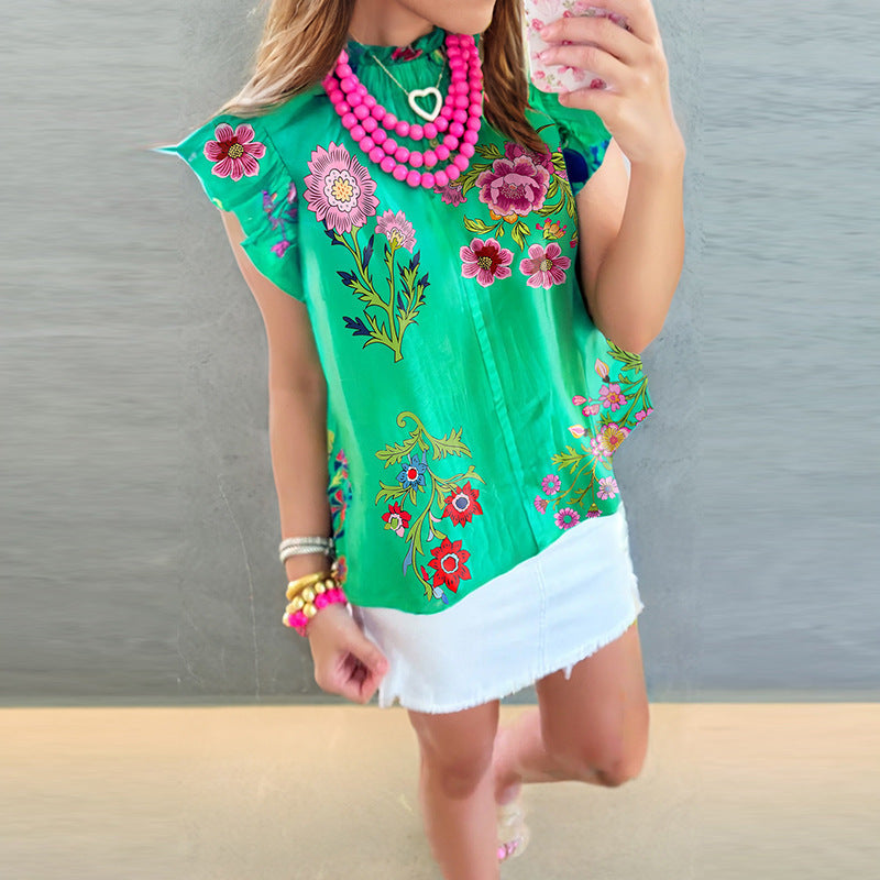 Women's Pullover Ruffled Loose Printed Shirt